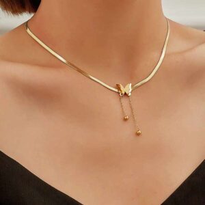 18k Gold Plated Stainless Steel Snake Chain Necklace butterfly Heart Pendant - Image 1