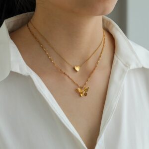 18k Gold Plated Stainless Steel Snake Chain Necklace butterfly Heart Pendant - Image 5